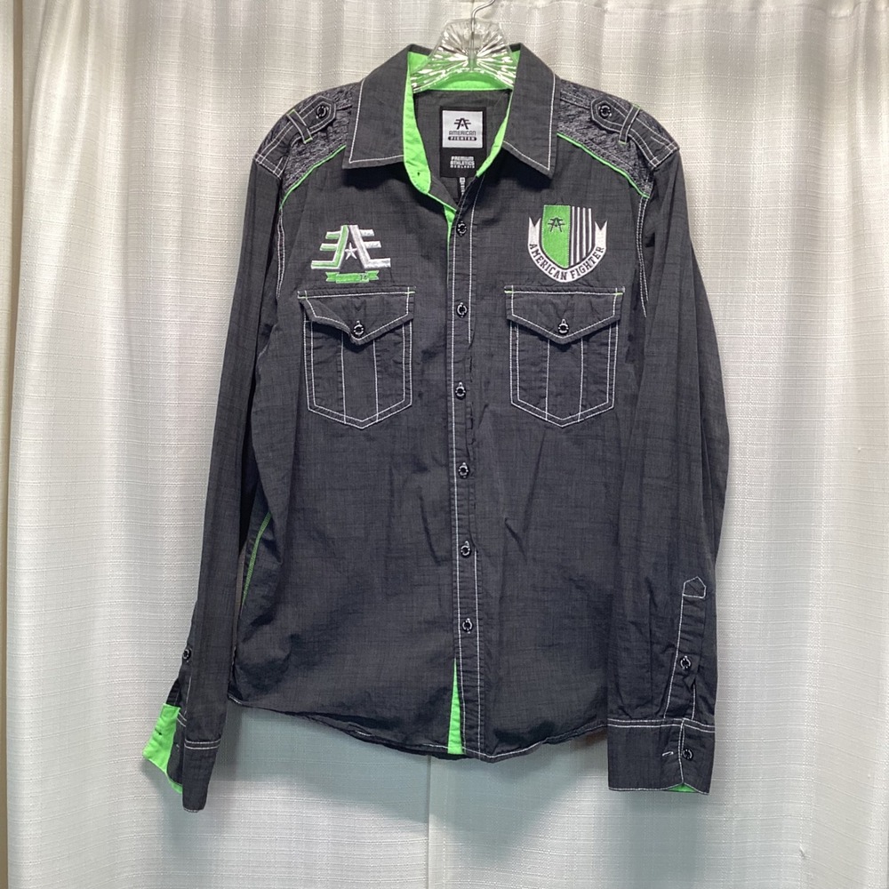 American Fighter Mens Button Down Shirt Gray Neon Green MMA Premium Athletics M